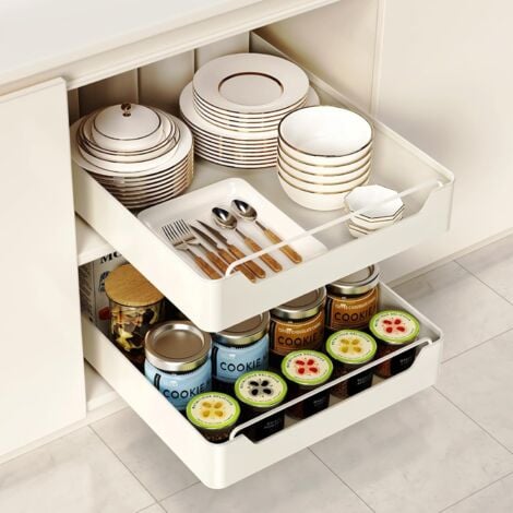 2Pcs Tiroir Coulissant Cuisine, Etagere Rangement Cuisine Telescopique pour Armoires de Cuisine, Salon, Maison (42 cm L x 30 cm P x 7 cm H), Aucun Perçage Requis, Blanc