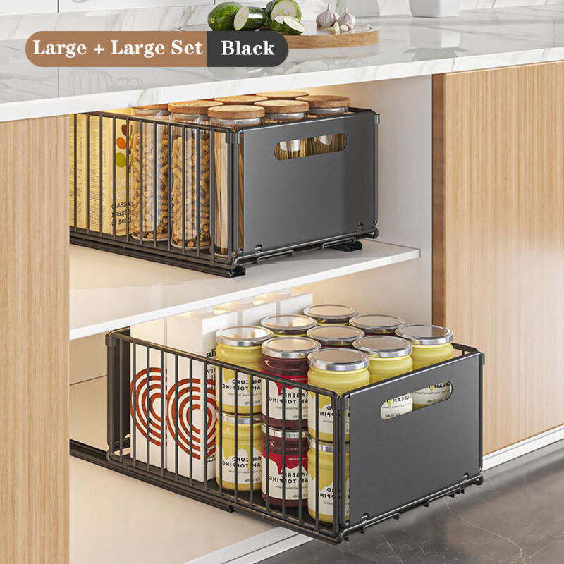 2pcs Tiroir Coulissant Cuisine,1 pièces Tiroir Coulissant Placard,Panier de tiroir,Organisateur Placard Cuisine,38Dx25Wx19H CM,Noir