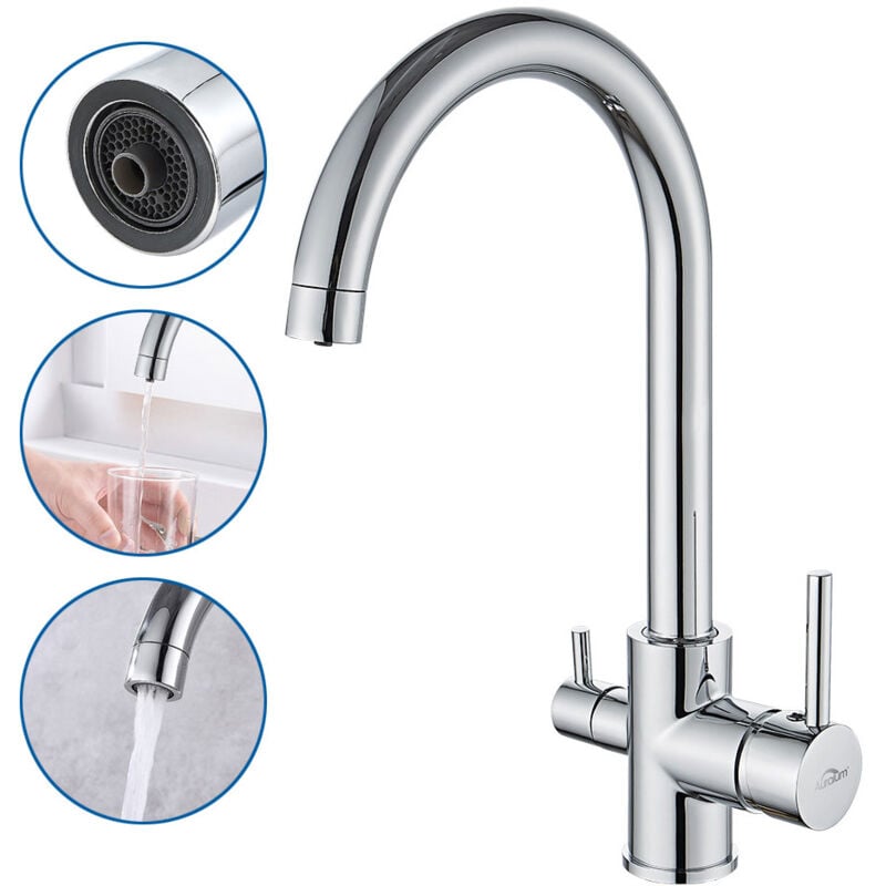 Auralum Max - Auralum Robinet de Cuisine 3 Voies, Mitigeur 3 Voies Cuisine Pivotant à 360°, Robinetterie Cuisine Eau Potable,Robinet Évier de Cuisine