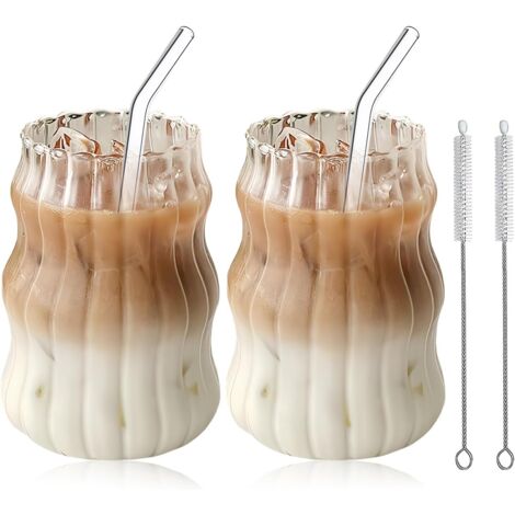 2pcs Verres À Eau Ondulés, Tasses À Café Tasses À Expresso Verre Verres À Boisson Avec 2 Pailles, 2 Brosse À Paille, Pour Café Thé Cappuccino Au Lait Bière Expresso 530ml