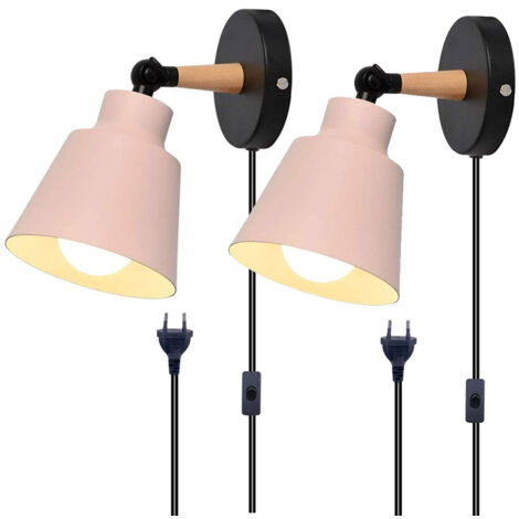 2PCS Vintage Aplique de Pared Regulables Industrial Metal Madera Iluminación de Pared Interior E27 con Interruptor Cable de 1.8M - Rosa