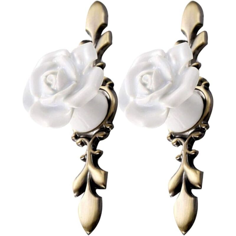 Csparkv - 2Pcs Vintage Ceramic Flower Cabinet Knobs Rose Shape Cabinet Pulls Door Handle for Kitchen Cupboard Furniture (White Bronze)
