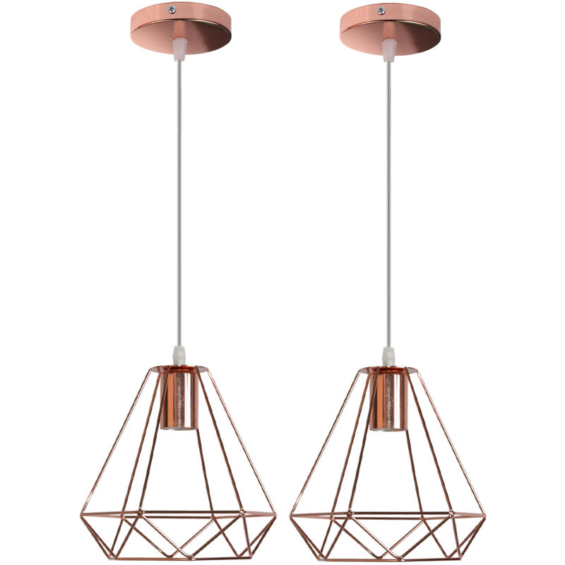 (2pcs) Vintage Industrial Hanging Light Rose Gold Retro Diamond Pendant Lamp Metal Cage Ceiling Light for Living Room Dining Room Bar Hotel