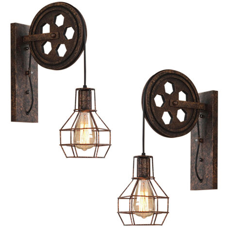 2PCS Vintage Industrielle Fer Applique Murale Style Américain Lampe en Poulie Luminaire Eclairage pour Escalier Restaurant Rouille