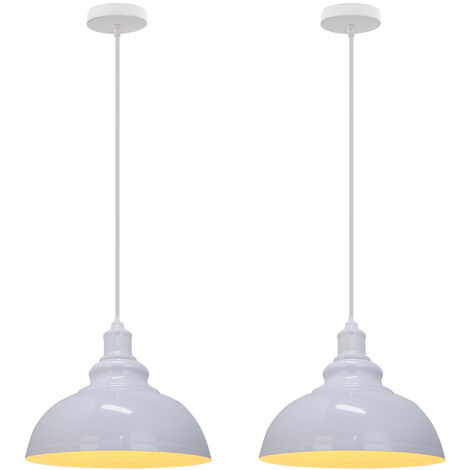 2pcs Vintage Pendant Light, Hanging Ceiling Lamp with Dome Metal Lampshade, Retro Industrial Chandelier for Kitchen Island (White, Ø29cm)
