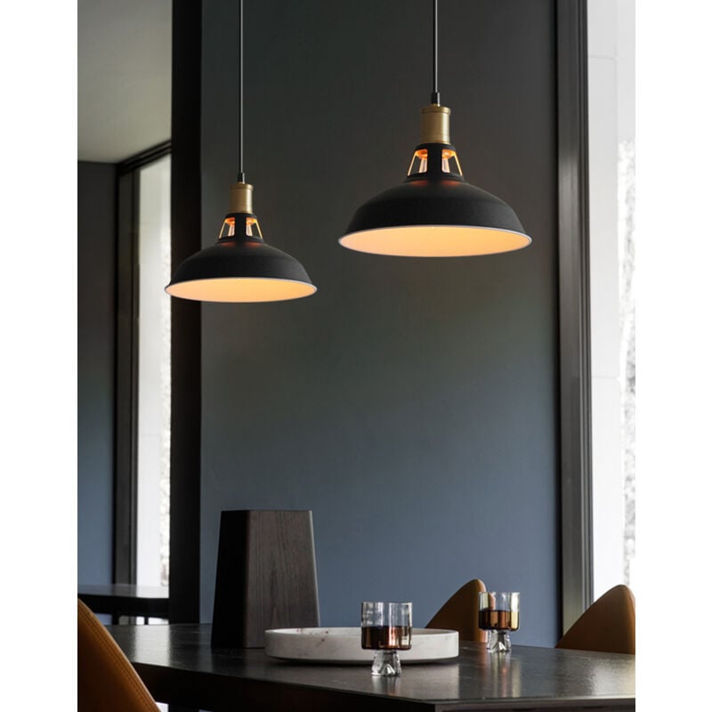 2pcs Vintage Pendant Light, Hanging Light with Dome Metal Lampshade, Retro Industrial Chandelier (Black & White, Ø27cm)