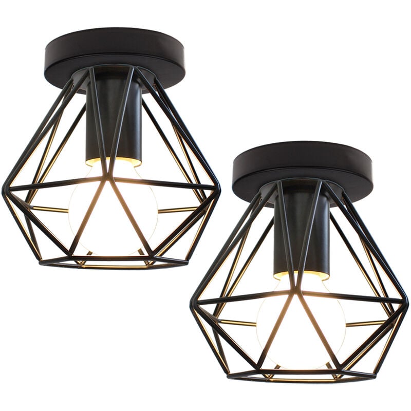 2pcs Vintage Pendant Lighting Fixture, Industrial Ø16cm Mini Diamond Shape Metal Hanging Ceiling Lamp, Chandelier with Black Cage Lampshade for