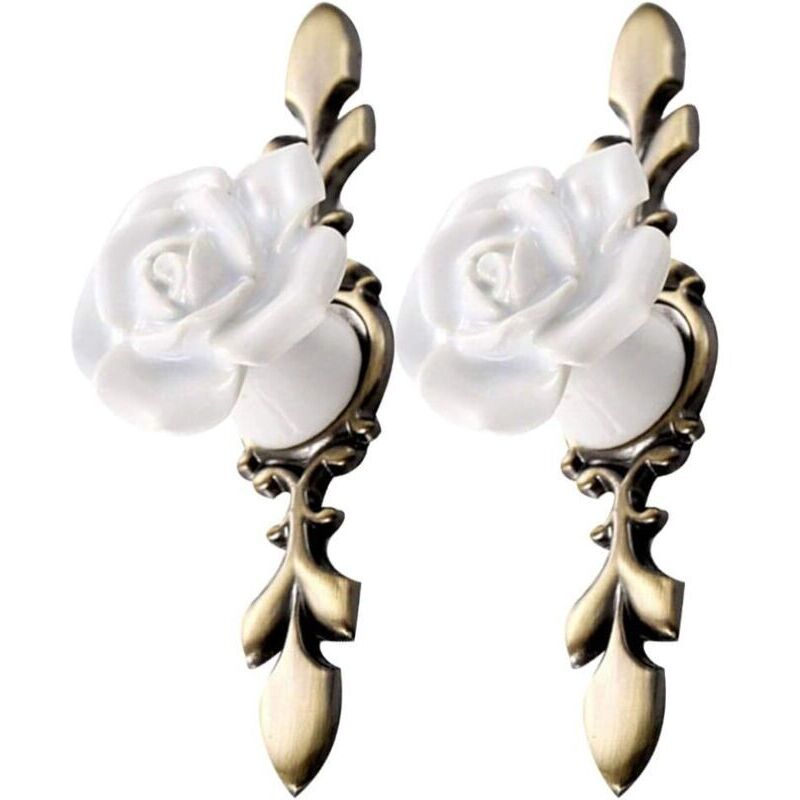 2Pcs Vintage Rose Shape Ceramic Flower Furniture Knobs Cabinet Pull Door Handle for Kitchen Cupboard Furniture (White Bronze)