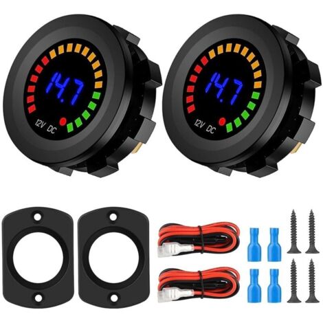 2PCS Voltmètre Numérique LED Étanche, CC 12V 24V Testeur de Batterie avec Alarme de Tension pour Voiture Bateau Moto Camion Caravane