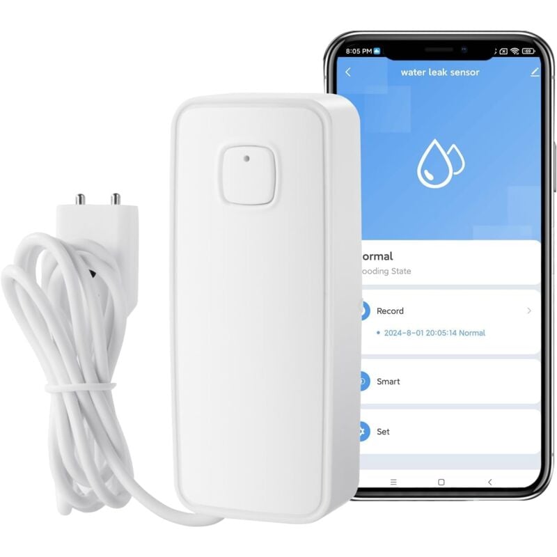 2pcs WiFi Détecteur d'Eau Intelligent, 80dB Pile AAA Détecteur de Fuite d'eau Intelligent avec câble de détection de 1 m, Surveillance à Distance et