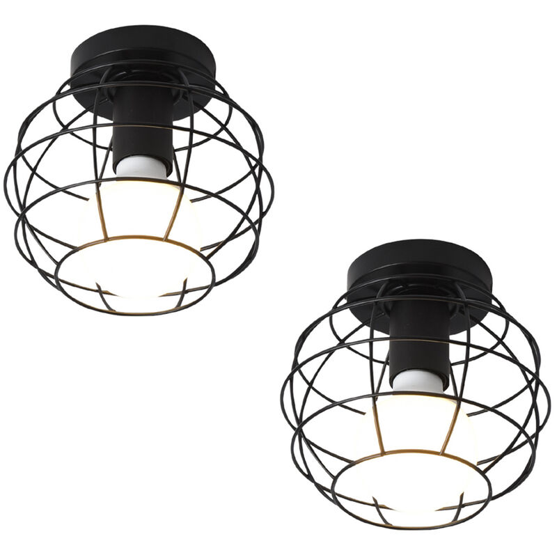 2pcs Vintage Ceiling Lighting Fitting, Metal Round Cage Ceiling Lamp, Industrial Chandelier with Lampshade for Living Room Hallway (Black)