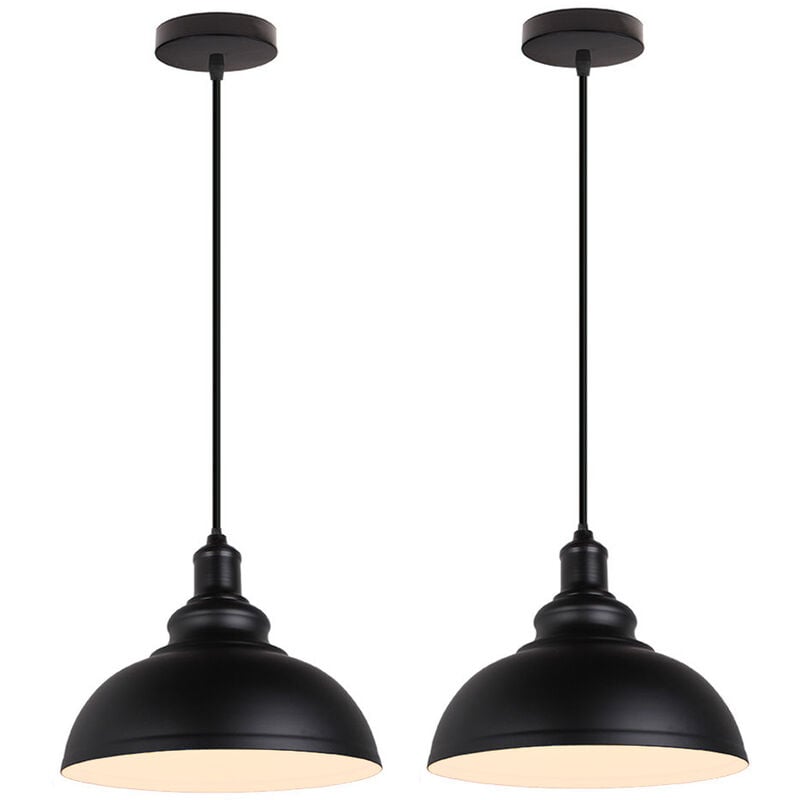 2pcs Vintage Pendant Light, Hanging Ceiling Lamp with Dome Metal Lampshade, Retro Industrial Chandelier for Kitchen Island (Black & White, Ø29cm)