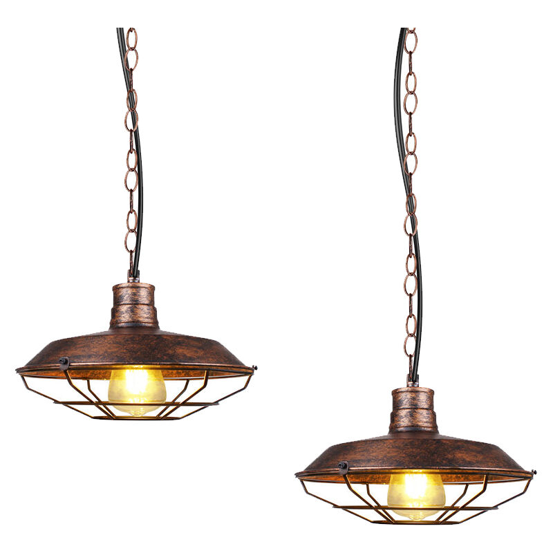 2X Metal Pendant Light Fitting Vintage Industrial Hanging Ceiling Lamp Chandelier with Ø26cm Cage Lamp Shade Fixture for Kitchen Island Loft (Rust)