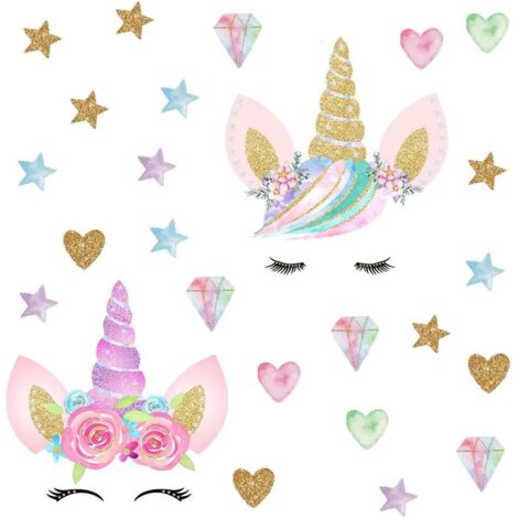 2Pièces Autocollant de Licorne Sticker Mural Dessin Animé,Stick