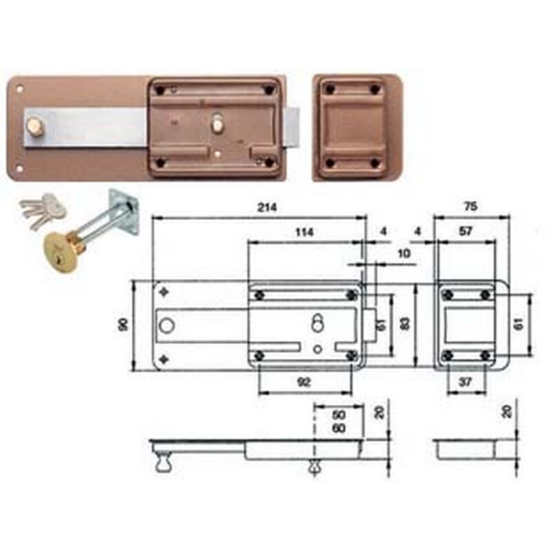 Image of 2PZ ferroglietto con catenaccio 5 mandate scrocco cilindro staccato 320 - MM.50 (320505)