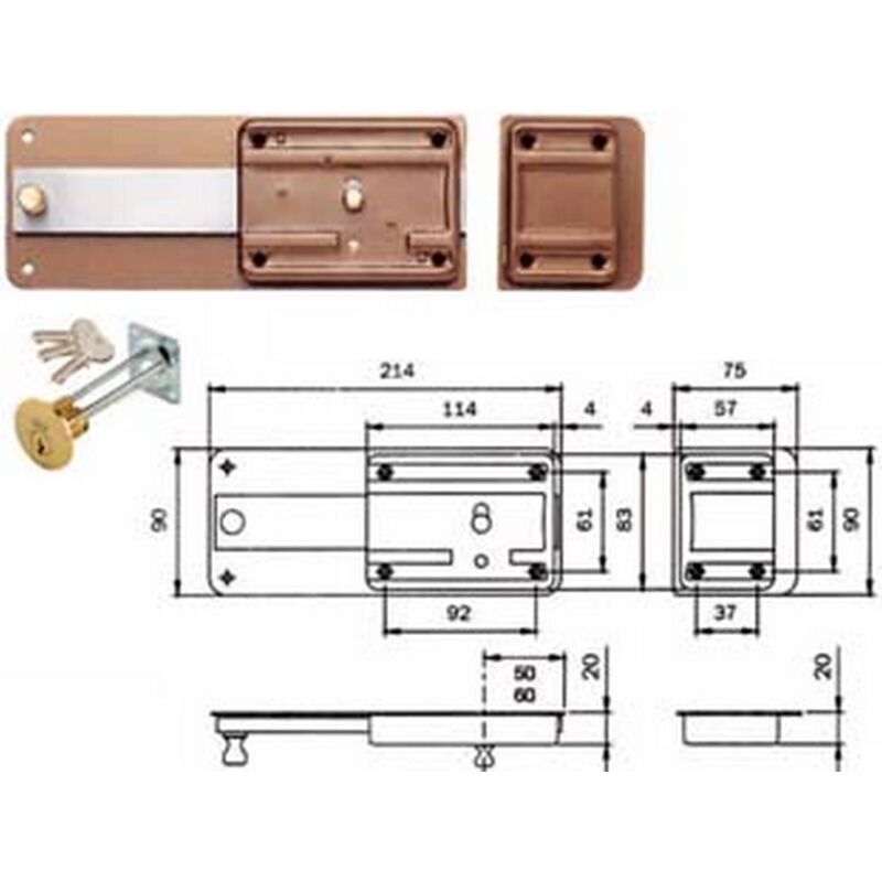 Image of 2PZ ferroglietto con catenaccio 6 mandate con cilindro staccato 300 - MM.60 (300606)