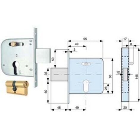 2PZ SERRATURA INFILARE CANCELLI CATENACCIO SCROCCO +QUADRO CILINDRO SAGOMATO 13