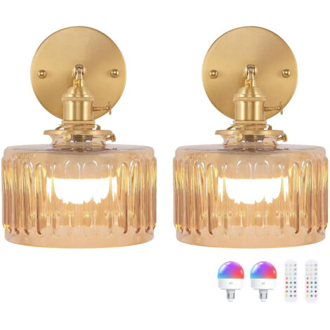2Stk Wandleuchte Batterie Betrieben Amber Geriffeltes Glas Vintage Stil, LED Wandlampen mit Fernbedienung für Schlafzimmer Bett Eingang Flur Dekorative Beleuchtung