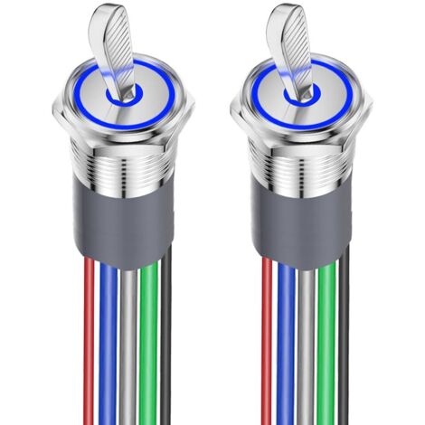 2Stück 16mm vorverdrahtete Wippschalter 12V-24V, SPST EIN/AUS-LED-Schalter, IP67wasserdichter elektrischer Schalter aus silberverchromtem Messing für Auto- und Schiffsarmaturenbrett, blau beleuchtet