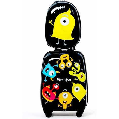 2tlg. Kinderkoffer mit Rucksack, Koffer Set Kinder Koffer, Kindertrolley Kindergepaeck Handgepaeck für Maedchen und Jungen, Reisegepaeck Hartschalenkoffer (Schwarz)