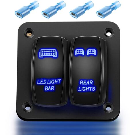 2voies (Barre Lumineuse LED + Feux arrière) Panneau D'interrupteur à Bascule 12V 24VDC interrupteurs Bleus Panneau Aluminium 5broches on Off Panneau D'interrupteur à Bascule précâblé Etanche