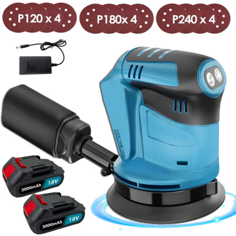 2x 3.0A Battery Cordless Random orbital sander Polishing machine 18V Ø125mm with Dust Bag & 12 Discs (120mm/180mm/240mm)+Fast Charger,Compatible with Makita Battery