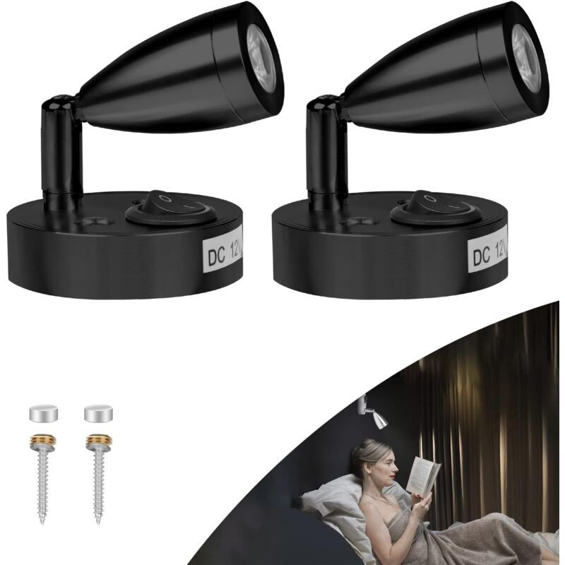 2x 3W 12V 12V Camping Car LED Reading Light for Boat Caravan Car with Own Switch, Warm White Light, 3000K, 220lm, 60 x 96 mm, Black