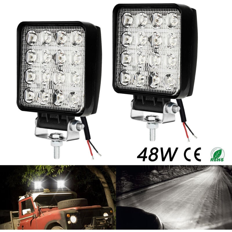 2x 48W Phare de Travail Carre a Leds Angle 60 dc 12V-24V Quad Camion Bateau Tracteur Offroad Impermeable