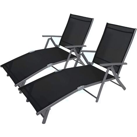 2x 7 Position Sun lounger, Black and Grey Aluminium Frame Garden Furniture, Reclining Decking Chair Lounger, Powder Coat Finish with Black Sling (2x GREY)