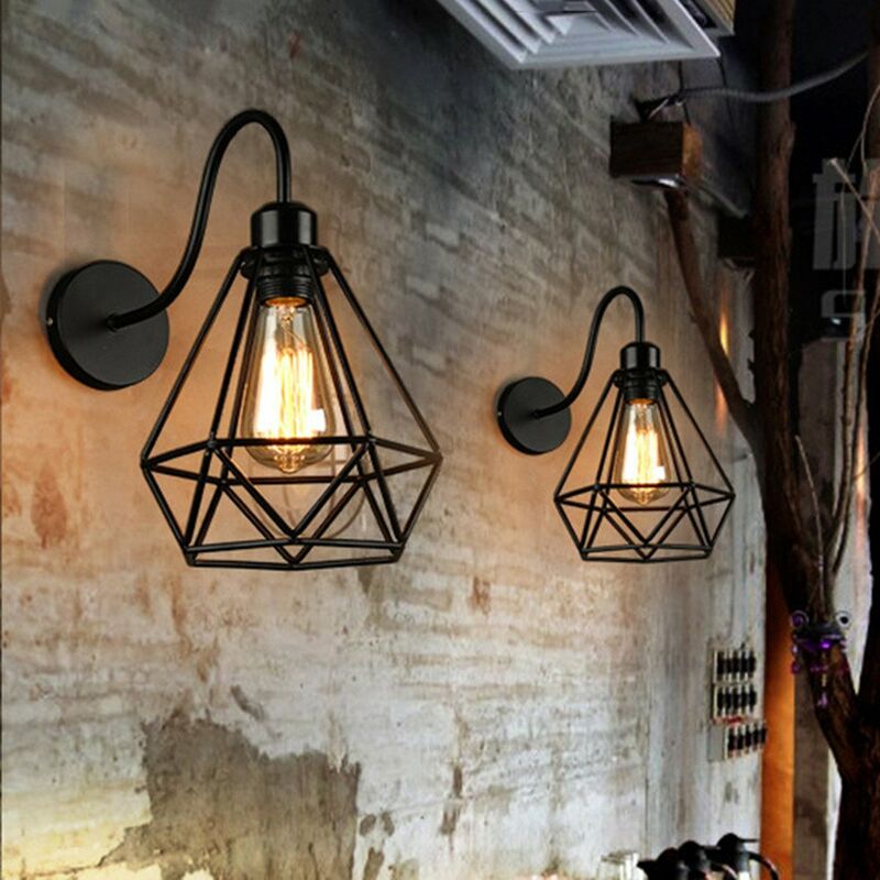 Industrial Wall Lighting Fitting, Vintage Retro Black Wall Lamp with Cage, Ø20cm Diamond Shape Wall Sconce Fixtures for Bedside Living Room (Black)