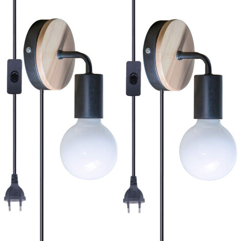 2x Aplique de Pared Retro con Interruptor Cable de 1.8M Madera Metal Lámpara de Pared E27 para Salón, Dormitorio - Negro