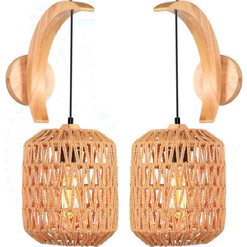 Applique Murale Rétro Lampe Murale Abat-Jour en Rotin Tissé Luminaire Murale Réglable Ø16CM - 2Pcs