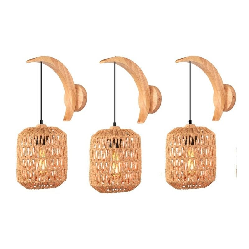 Applique Murale Rétro Lampe Murale Abat-Jour en Rotin Tissé Luminaire Murale Réglable Ø16CM - 3Pcs