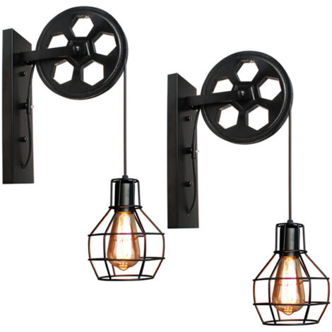 2x Applique Murale Industrielle Poulie Vintage Lampe de Mur Luminaire Intérieur pour Chambre Salon Restaurant,Noir