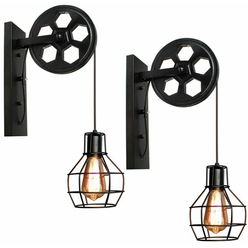 2x Applique Murale Industrielle Poulie Vintage Lampe de Mur Luminaire Intérieur pour Chambre Salon Restaurant,Noir, Ensoleillé