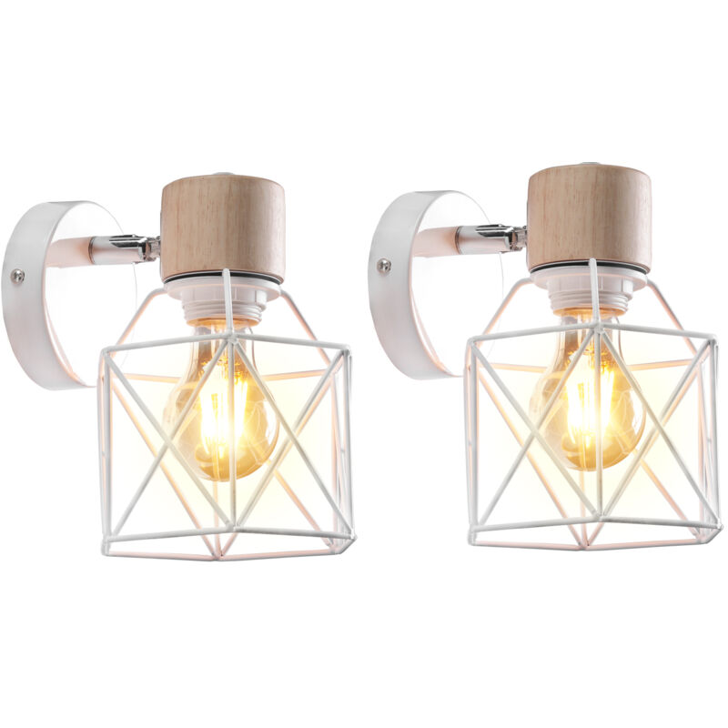 2X) Applique Murale Rétro Moderne Lampe Murale Nordique Applique Murale En Bois Métal Applique Murale Vintage Ampoule E27 (Blanc)