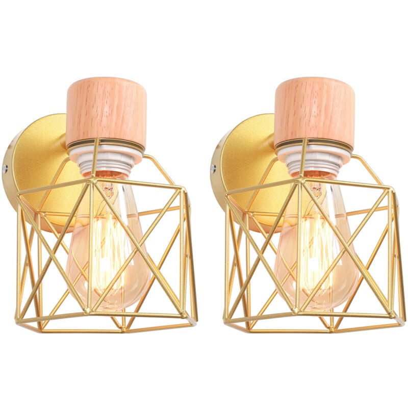 2X) Applique Murale Rétro Moderne Lampe Murale Nordique Applique Murale En Bois Métal Applique Murale Vintage Ampoule E27 (Or)