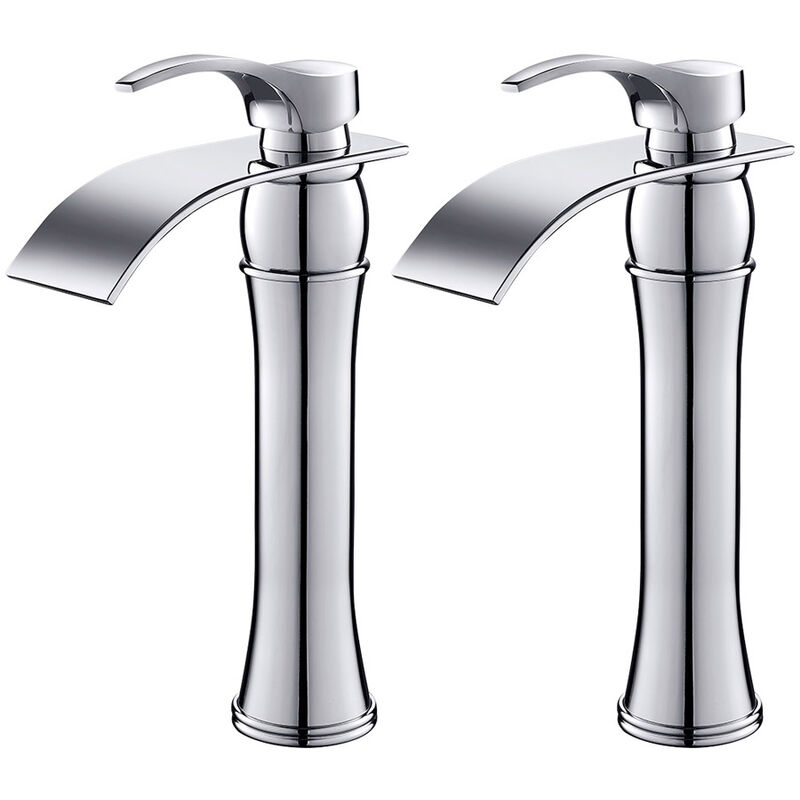 Auralum - 2X Rubinetto Bagno Lavabo Cascata Cromato, Miscelatore Alto Altezza Bocca 223mm per Lavabo Appoggio in Ottone, Rubinetti Monocomando