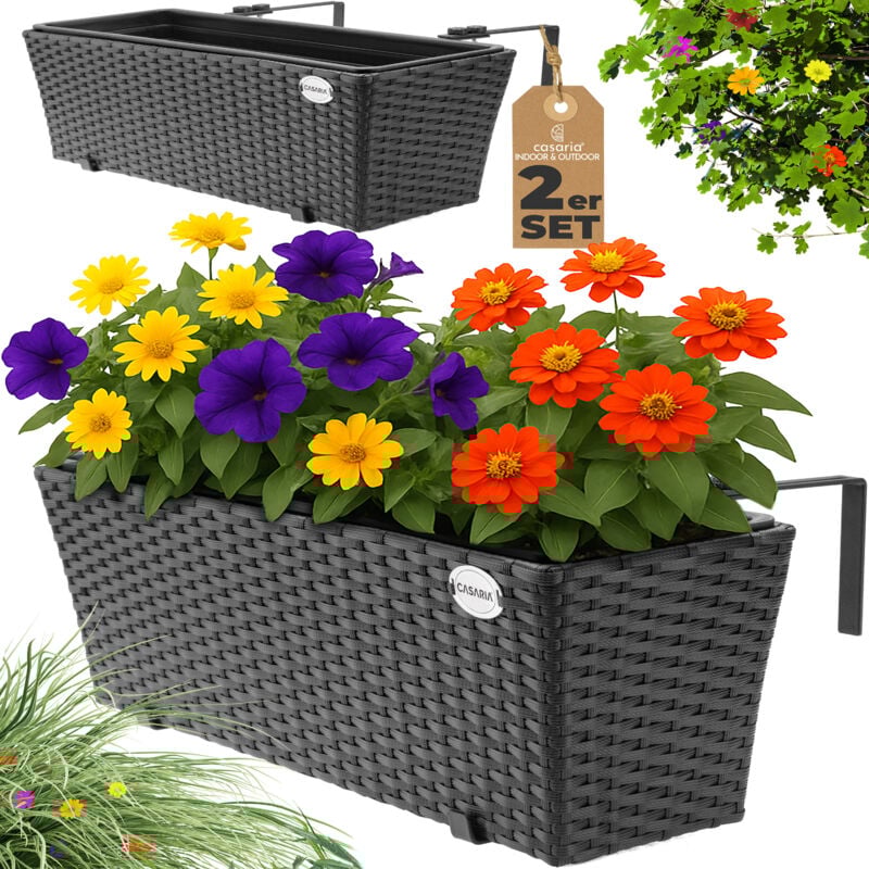 2x Bac à fleurs en polyrotin Jardinière pour balcon Terrasse Fenêtre Jardin Noir