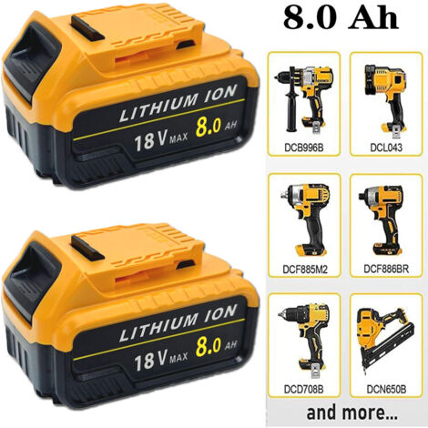 2x Batteries 8000mAh Powerful Replacement Battery  For Dewalt Battery 18V DCB180 DCB181 DCB-182 DCB-183 DCB184 DCB185 DCB-184B-XJ with LED Indicator，Compatible With Dewalt Tool & Charger