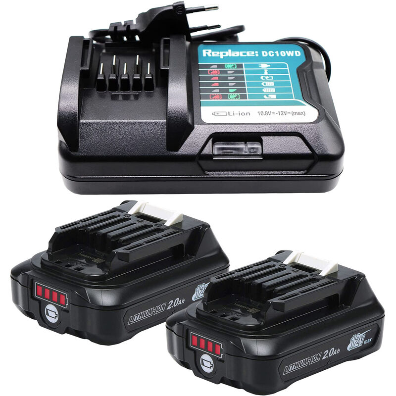 Powerwings - 2X Batteries+ Chargeur 12 v 2,0 Ah BL1021B BL1016 Bl1041B Batterie Li-ION pour Makita DF031D DF0331D TD110D JR103D JR105D HSS01D HP332D
