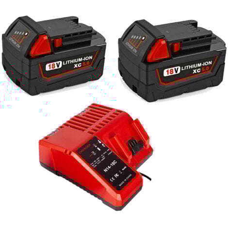 POWERWINGS 2X Battery & charger for Milwaukee 18V 5000mAh 48-11-1828 48-11-1840 C18B M18BX Li18 M18B4 M18 XC and Milwaukee Charger m18 48-59-1812 48-59-1807 48-59-1806 48-59-1840 2710-20
