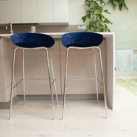 2x Premium Velvet Barstools with Metal legs Modern Design Bar stools Blue/Grey