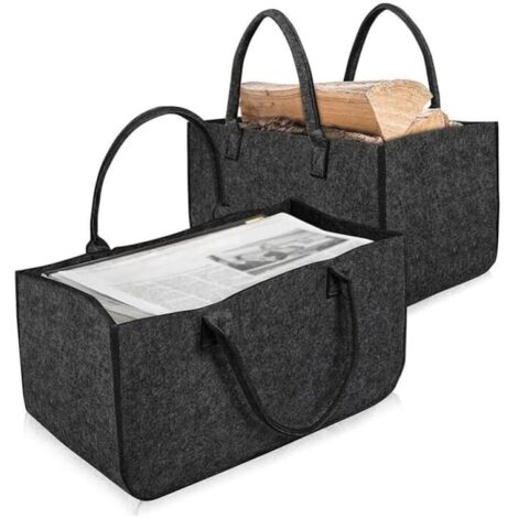 2X Bolsas de Fieltro, Cestas Plegables para Leña, Versátiles y Grandes, con Asas, Para Leña, Periódicos y Artículos de Tienda, Gris Oscuro