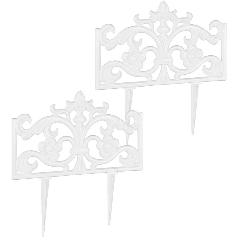 Set of 2 Relaxdays Flower Bed Fences, Cast Iron, Single Panel, Spikes,Lawn Edging, Nostalgic, HxWxD: 37x36x2cm, White