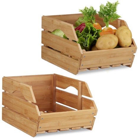 2x Caisses en bambou, cagette effet bois boîte de rangement empilable universelle HxlxP: 20,5 x 27 x 38 cm, nature