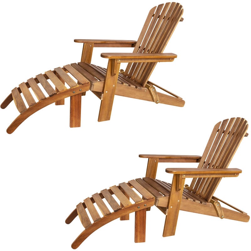 Casaria - 2x Chaise longue transat Adirondack en bois d'acacia avec repose-pieds Bain de soleil Siège de jardin pliable Extérieur balcon terrasse