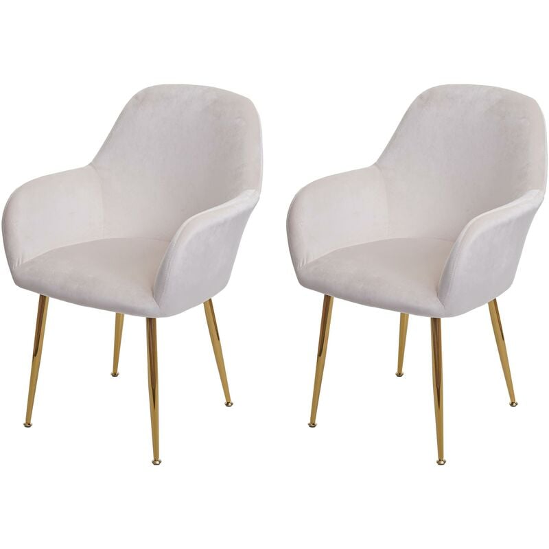 [jamais utilisé] lot de 2 chaises de salle à manger hhg-240, chaise de cuisine, design rétro velours crème-blanc, pieds dorés - white