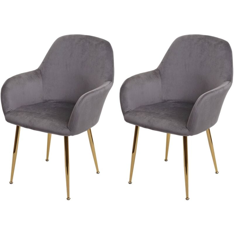 Lot de 2 chaises de salle à manger HHG 240, chaise de cuisine, design rétro, velours gris, pieds dorés
