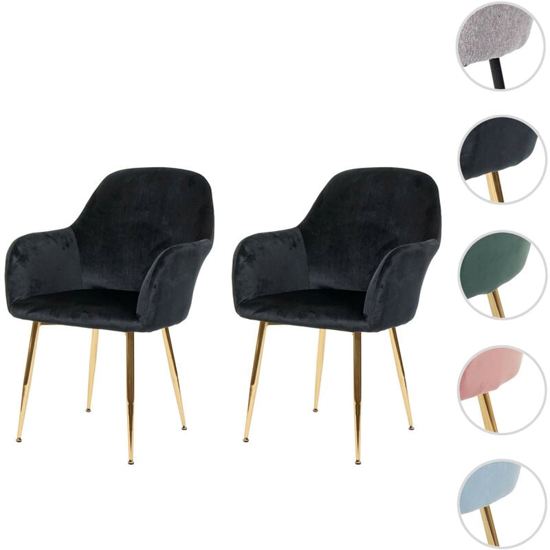 Mendler - 2x chaise de salle à manger HWC-F18, fauteuil de cuisine, design rétro - velours noir, pieds dorés